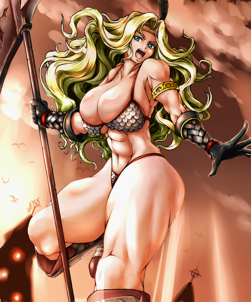 amazon_(dragon's_crown), amazon_(dragon's_crown), armlet, armor, artist_request, axe, bikini, bikini_armor, black_gloves, blonde_hair, blue_eyes, boots, breasts, circlet, cleavage, cloud, dragon's_crown, dragon's_crown, feathers, gloves, huge_breasts, knee_boots, large_breasts, legs, long_hair, muscle, polearm, sky, solo, swimsuit, thick_thighs, thighs, tuna_sand, vanillaware, weapon