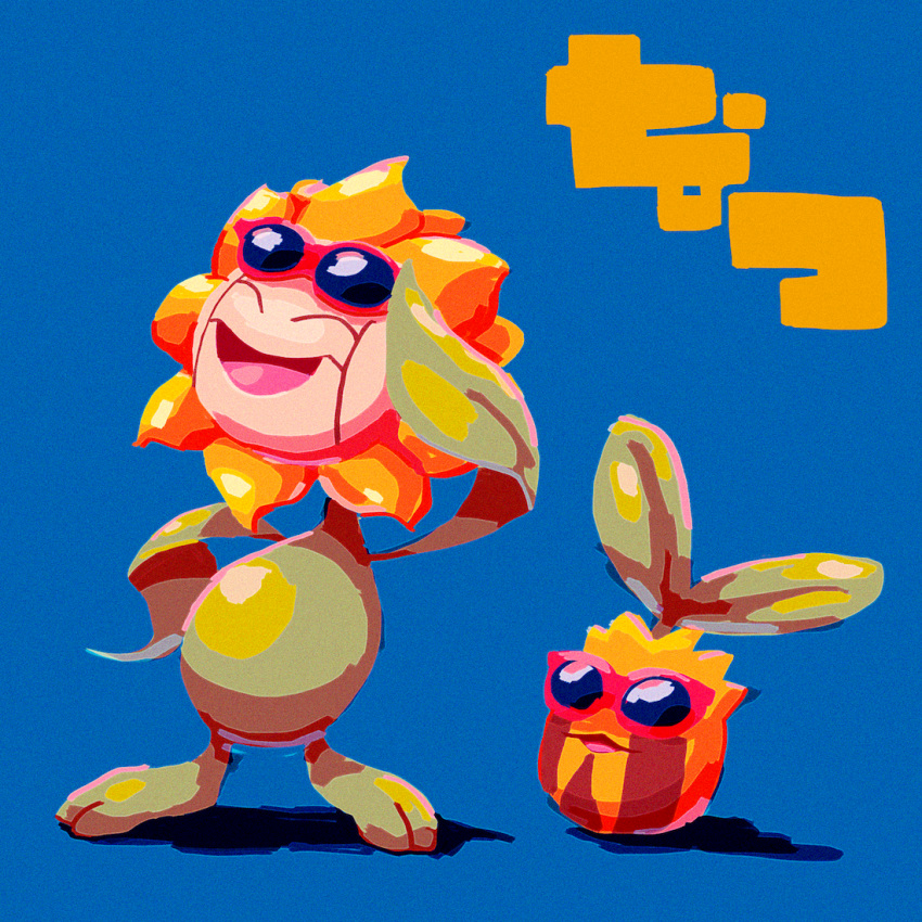 :3, adjusting_eyewear, blue_background, closed_eyes, commentary_request, evolutionary_line, eyewear_on_head, full_body