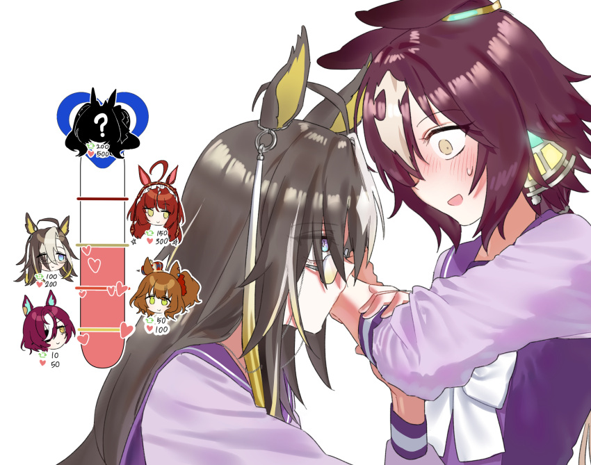 6+girls, animal_ears, aston_machan_(umamusume), baejimile, black_hair, blue_eyes, blush, bow