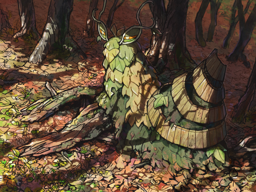 autumn_leaves, colored_sclera, commentary_request, forest, full_body, leaf, log, narrowed_eyes