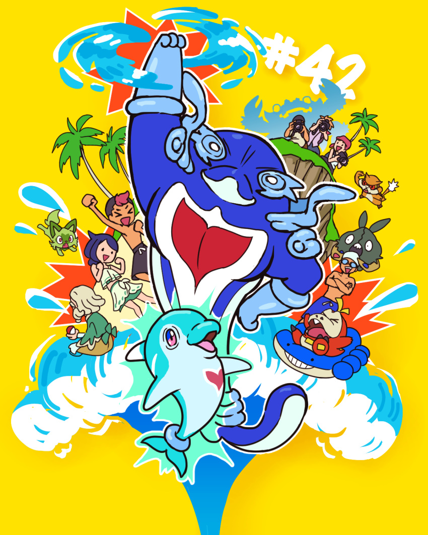 >_<, 1girl, 6+boys, arm_up, beard, black_hair, black_swim_trunks, blue_hair