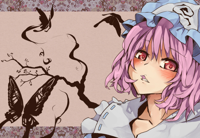 bad_id, blush, butterfly, mouth_hold, petals, saigyouji_yuyuko, solo, touhou
