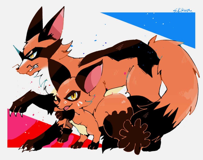 animal_focus, claws, commentary_request, evolutionary_line, facial_hair, fox, mustache, nickit