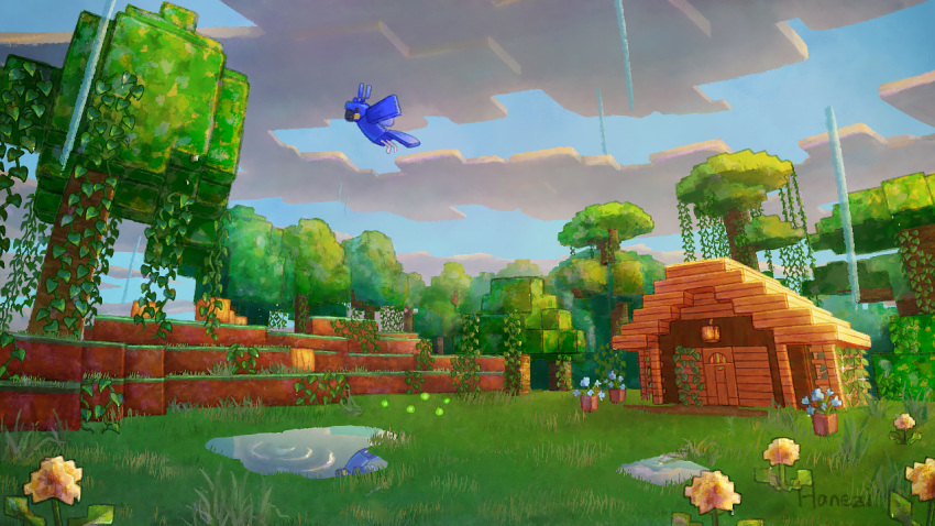 bird, blue_flower, blue_sky, clouds, commentary_request, devil_uo, flower, flower_pot