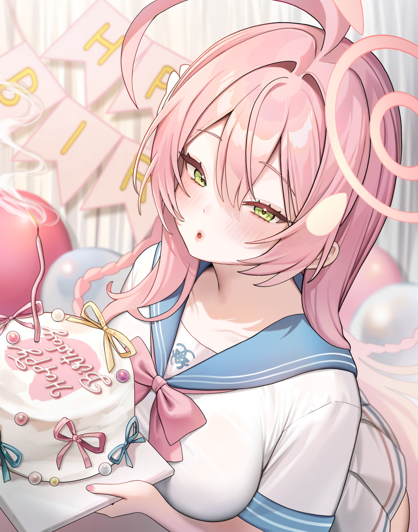 1girl, absurdres, ahoge, balloon, birthday, birthday_cake, blue_archive, blush