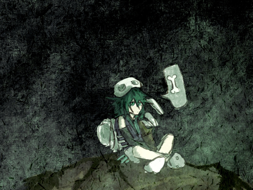 1other, androgynous, asymmetrical_sleeves, bare_legs, black_background, black_sleeves, bone, brown_sleeves