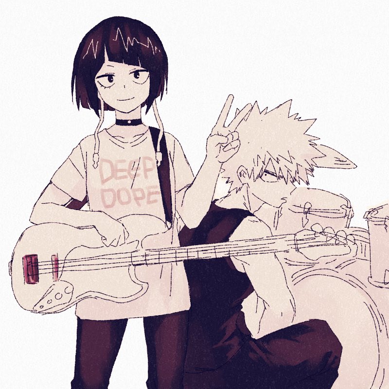 1boy, 1girl, bakugou_katsuki, black_choker, black_pants, black_tank_top, boku_no_hero_academia, choker