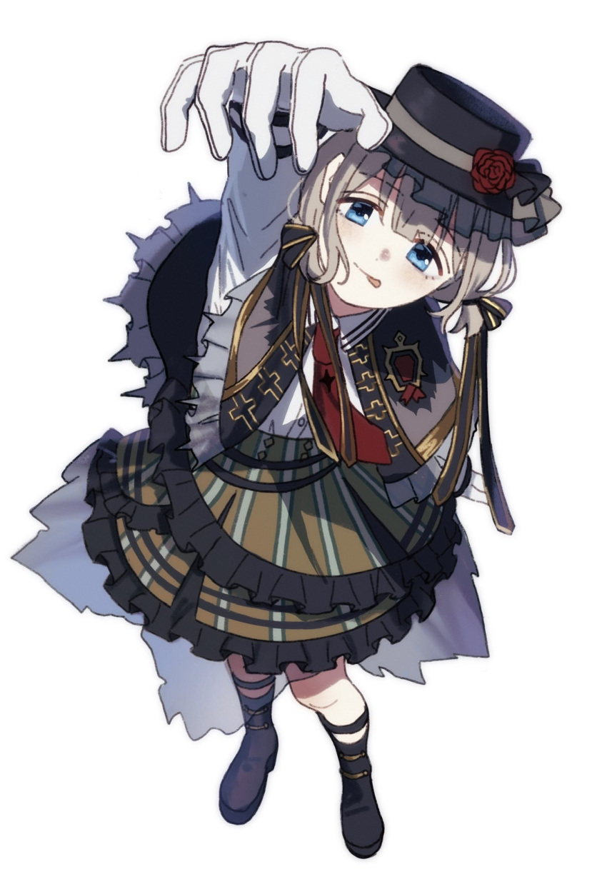 1girl, :p, arm_up, bad_id, bad_twitter_id, black_boots, black_capelet, black_hat