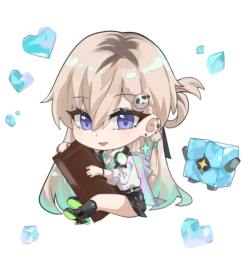 1girl, black_skirt, blonde_hair, chibi, chibi_only, chocolate, clang_bang_(wuthering_waves), commentary