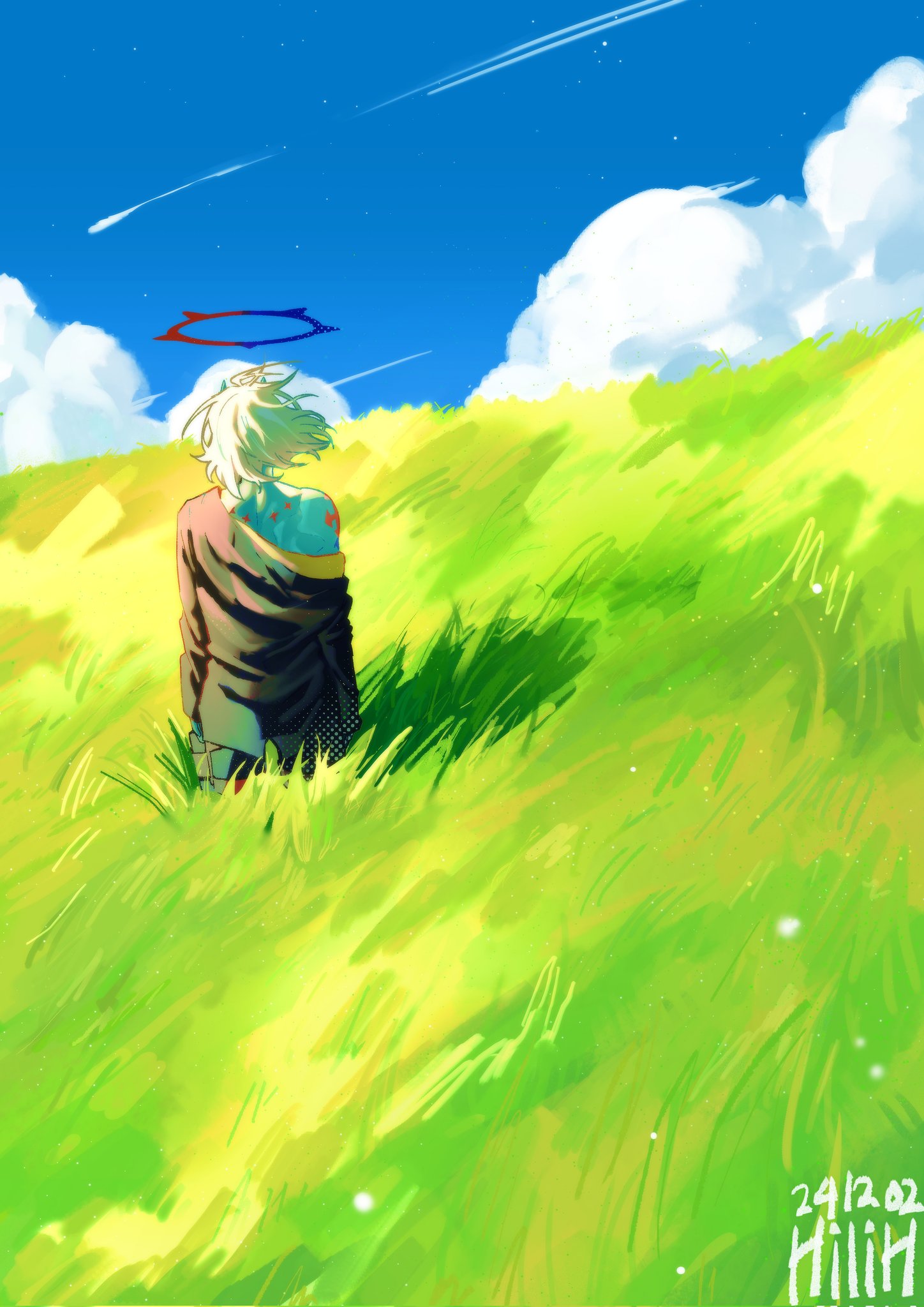 1boy, black_jacket, blue_halo, blue_skin, blue_sky, clouds, cloudy_sky, colored_skin