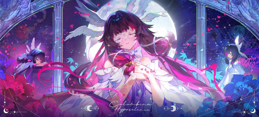 1girl, bare_shoulders, black_hair, bow, chinese_commentary, closed_eyes, columbina_(genshin_impact), commentary_request, dress, eye_mask, feathered_wings, genshin_impact, head_wings, highres, long_hair, mask, moehikaru, moon, multicolored_hair, multiple_views, purple_hair, solo, streaked_hair, very_long_hair, white_bow, white_dress, white_wings, wings, wrist_bow