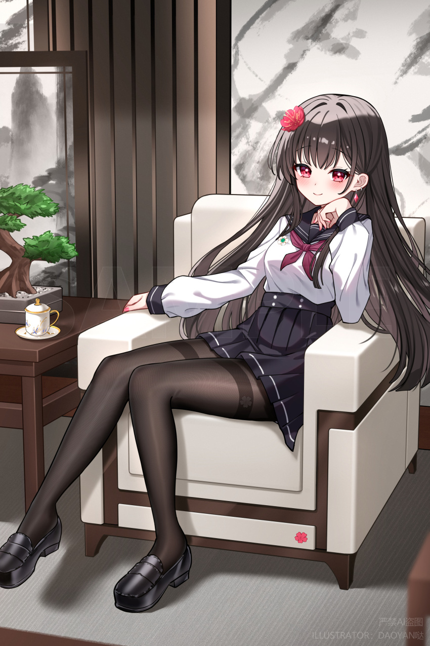 1girl, absurdres, black_hair, black_pantyhose, black_sailor_collar, black_skirt, blush, bonsai, breasts, chair, chinese_commentary, closed_mouth, commentary_request, couch, cup, daoyan, earrings, flower, full_body, hair_flower, hair_ornament, hand_up, heart, high-waist_skirt, highres, indoors, jewelry, loafers, long_hair, long_sleeves, looking_at_viewer, medium_breasts, miniskirt, neckerchief, on_chair, original, pantyhose, plant, pleated_skirt, potted_plant, red_eyes, red_flower, red_neckerchief, red_rose, rose, sailor_collar, saucer, school_uniform, serafuku, shirt, shoes, single_earring, sitting, skirt, smile, solo, table, teacup, teapot, thighband_pantyhose, very_long_hair, watermark, white_shirt, window