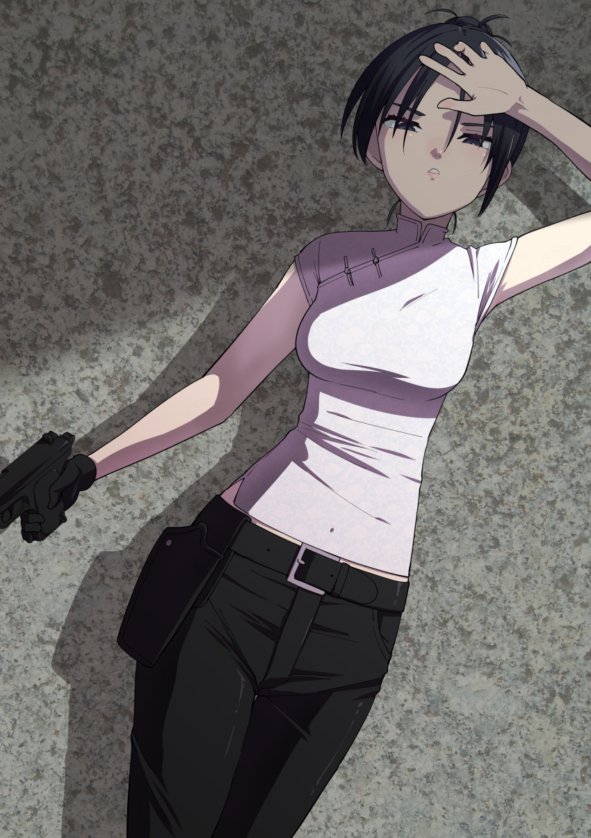 1girl, absurdres, belt, black_hair, breasts, chinese_clothes, denim, fong_ling