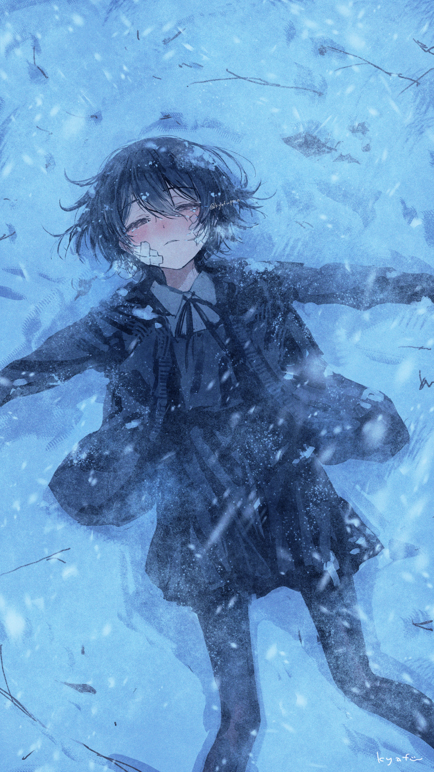 1girl, absurdres, bandaid, bandaid_on_face, black_cardigan, black_dress, black_hair, black_pantyhose, black_ribbon, blush, cardigan, collared_shirt, dress, feet_out_of_frame, from_above, half-closed_eyes, highres, kyafu, looking_up, lying, neck_ribbon, nose_blush, on_back, on_ground, open_cardigan, open_clothes, original, outdoors, outstretched_arms, pantyhose, parted_lips, pinafore_dress, ribbon, shirt, short_hair, signature, skinny, sleeveless, sleeveless_dress, snow, snowing, solo, tearing_up, twitter_username, white_shirt