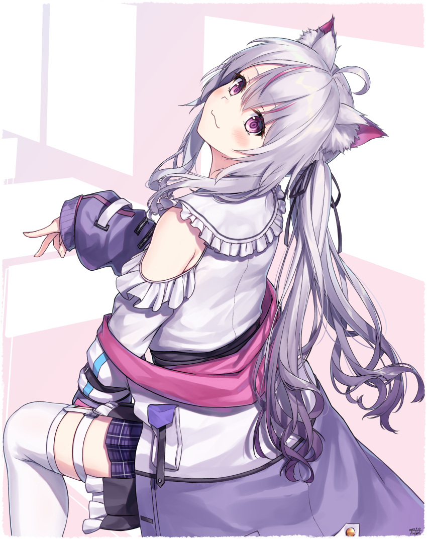 1girl, :3, absurdres, animal_ears, bare_shoulders, black_ribbon, blush, cat_ears