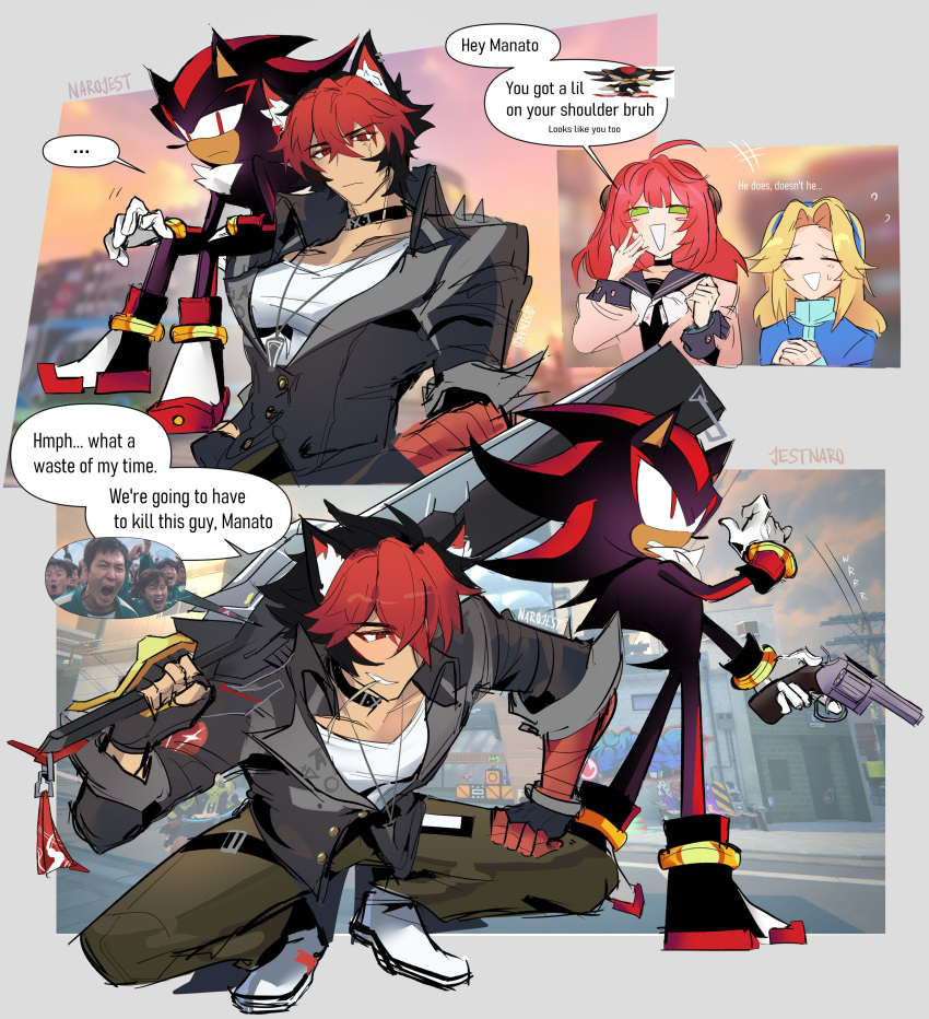 2boys, 2girls, absurdres, animal_ears, bandaged_arm, bandages, black_hair, blonde_hair