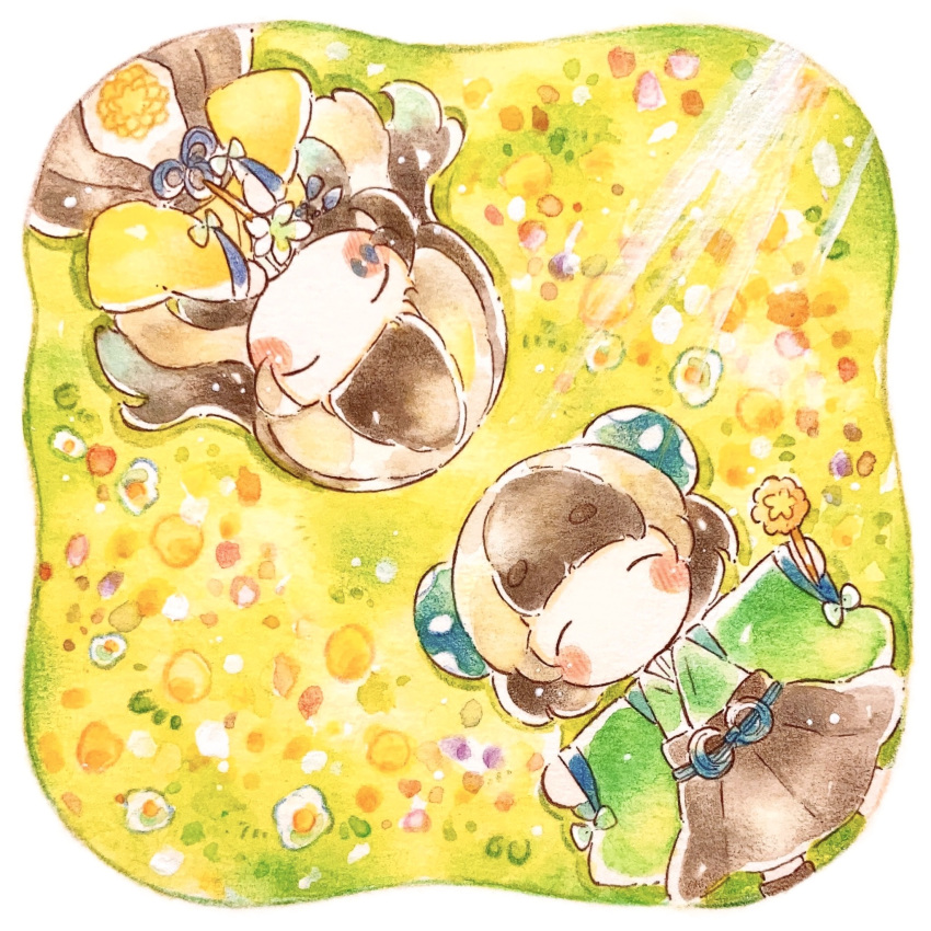 2girls, blush, border, closed_eyes, colored_pencil_(medium), commentary_request, hakama, hakama_skirt