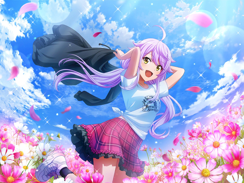1girl, ahoge, black_hoodie, black_socks, blue_sky, clothes_writing, cosmos_(flower), cowboy_shot