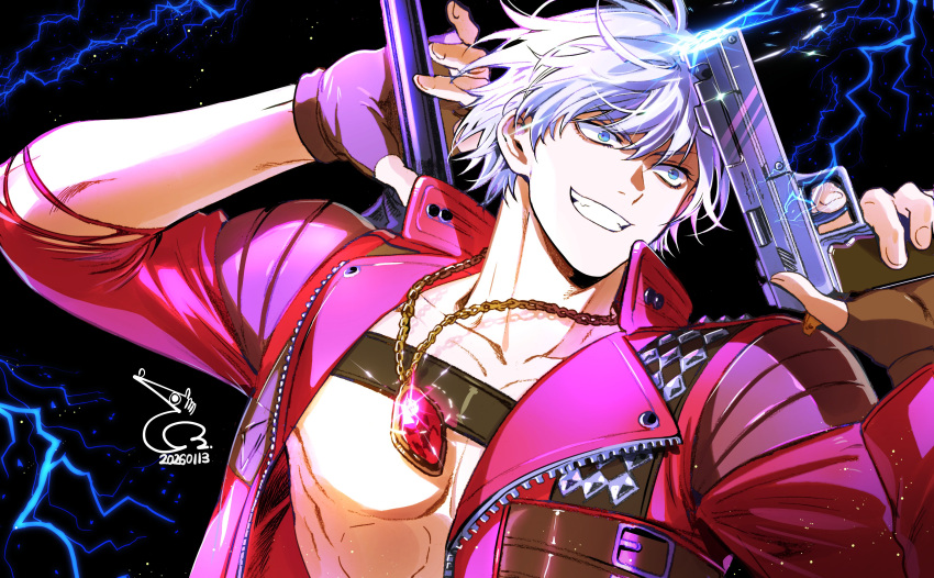 1boy, absurdres, baehee5502, blue_eyes, coat, dante_(devil_may_cry), dated, devil_may_cry_(series), devil_may_cry_3, ebony_&amp;_ivory, fingerless_gloves, gloves, hashtag-only_commentary, highres, holding, holding_weapon, jacket, male_focus, no_shirt, rebellion_(sword), red_coat, signature, simple_background, sword, sword_on_back, weapon, weapon_on_back, white_hair