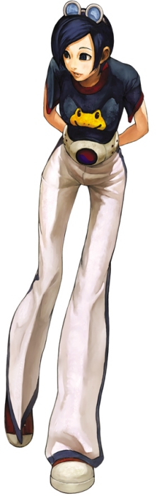 blue_hair, frog, goggles, goggles_on_head, king_of_fighters, king_of_fighters_2001, leaning_forward, may_lee