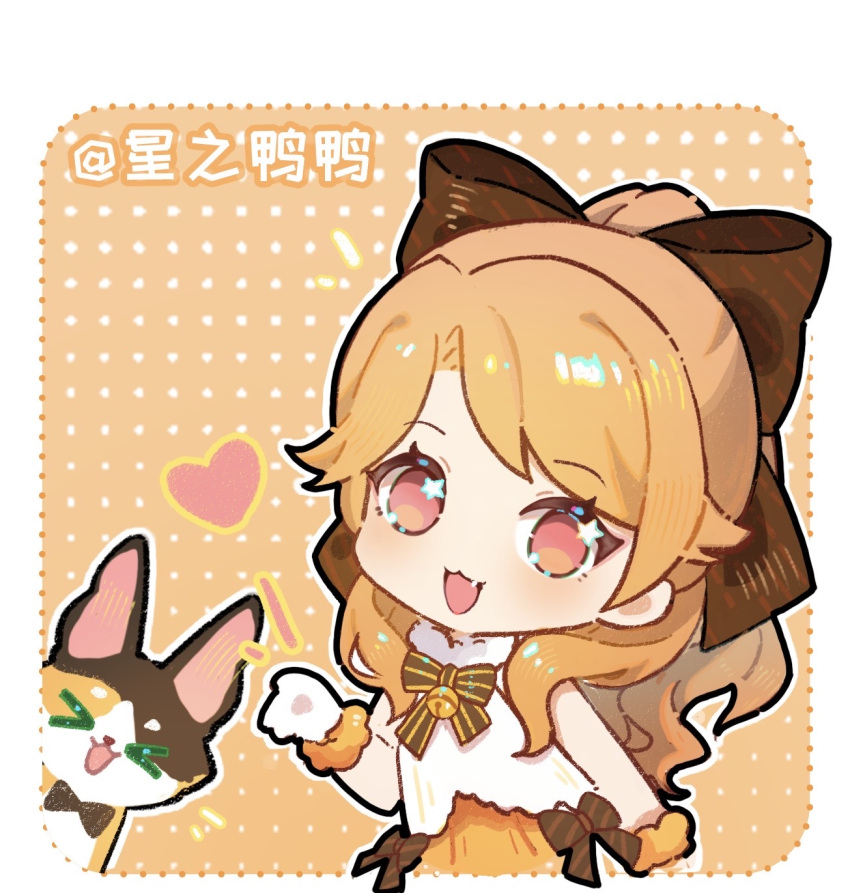 >_<, 1girl, animal, artist_name, bell, black_bow, black_bowtie, border