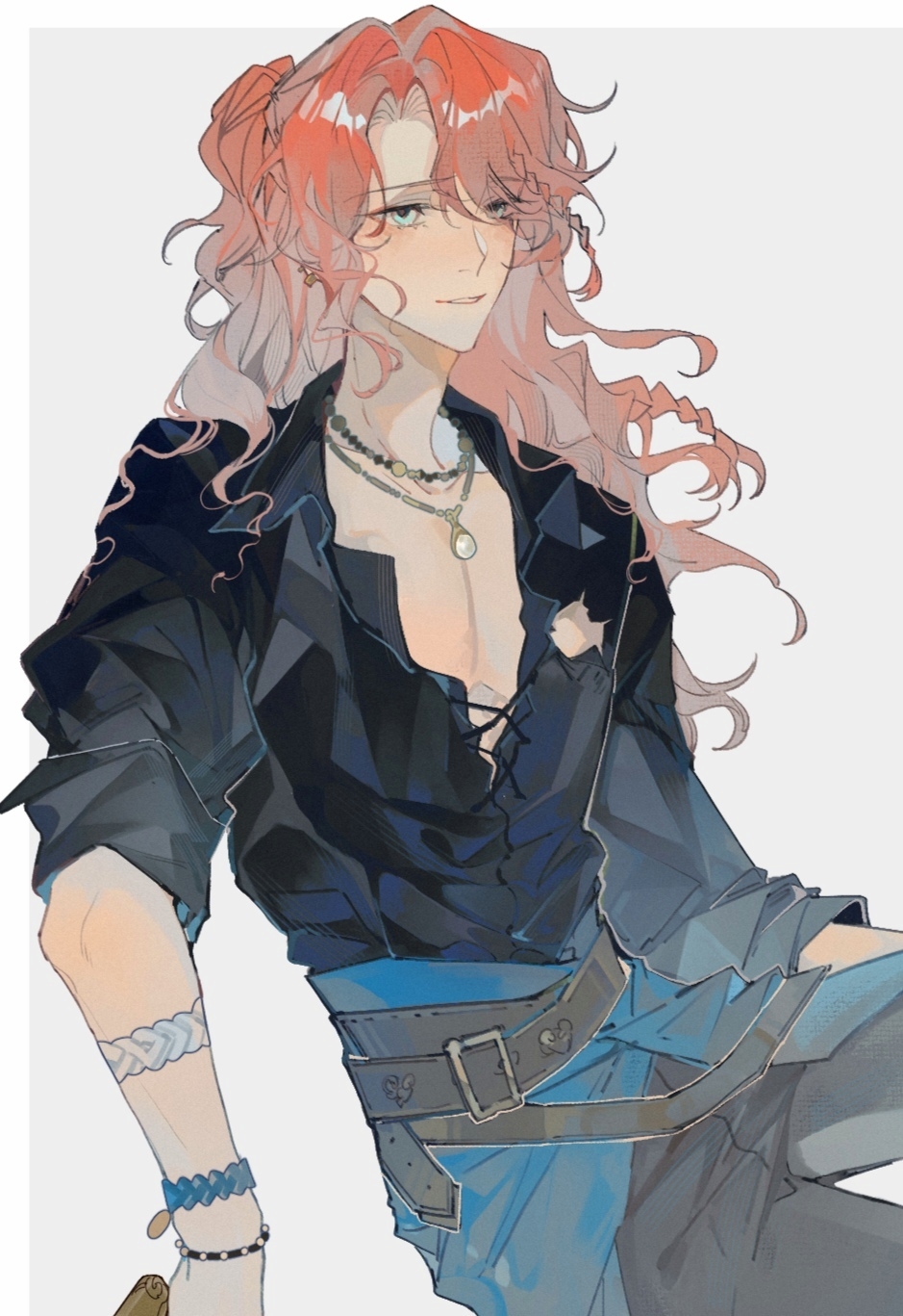 1boy, bead_necklace, beads, belt, belt_buckle, black_belt, black_shirt, blue_eyes, border, bracelet, braid, buckle, chinese_commentary, collarbone, commentary_request, cowboy_shot, cross-laced_clothes, cross-laced_top, curtained_hair, earrings, frederick_kreiburg, frederick_kreiburg_(clear_rationality), grey_background, grey_pants, hair_between_eyes, half_updo, highres, identity_v, jewelry, long_hair, looking_at_viewer, mojieovo, multiple_bracelets, necklace, open_collar, orange_hair, outside_border, pants, parted_lips, pearl_necklace, pectoral_cleavage, pectorals, raised_inner_eyebrows, shirt, side_braids, simple_background, sleeves_rolled_up, smile, solo, waist_cape, wavy_hair, white_border, wing_collar