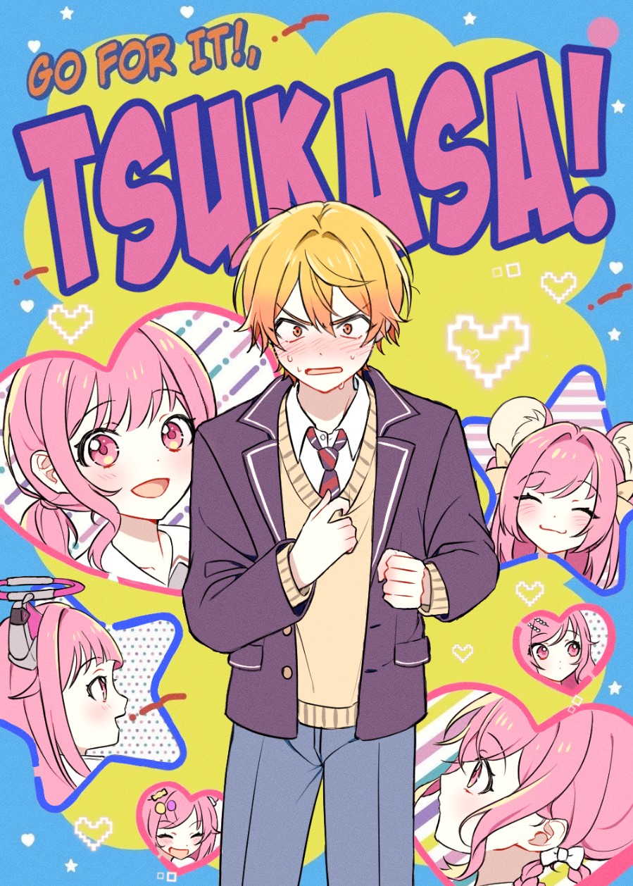 1boy, 1girl, animal_ears, black_jacket, blazer, blunt_bangs, blush, bow, character_name, clenched_hand, close_game/offline_(project_sekai), closed_eyes, closed_mouth, collared_shirt, colorful_festival_(project_sekai), commentary_request, connect_hearts_message_(project_sekai), diagonal-striped_clothes, diagonal-striped_necktie, dot_nose, facing_viewer, ganbare!_nakamura-kun!!_cover_parody, halo, heart, hetero, highres, himitsu_no_valentine_daisakusen!_(project_sekai), jacket, kamiyama_high_school_uniform_(project_sekai), korean_commentary, lapels, long_sleeves, mouse_ears, multicolored_necktie, multiple_views, necktie, nervous_sweating, notched_lapels, official_alternate_costume, official_alternate_hairstyle, ootori_emu, open_clothes, open_jacket, open_mouth, orange_eyes, orange_hair, pants, pink_eyes, pink_hair, pocket, ppako, project_sekai, school_uniform, shirt, short_hair, smile, smile_of_dreamer_(project_sekai), star_(symbol), striped_clothes, sweat, sweater, tenma_tsukasa, tonari_ni_tatsu_yasashii_anata_e_(project_sekai), v-neck, white_bow, yellow_sweater