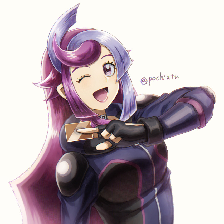 1girl, ;d, artist_name, bessho_emma, black_gloves, bodysuit, card, commentary_request