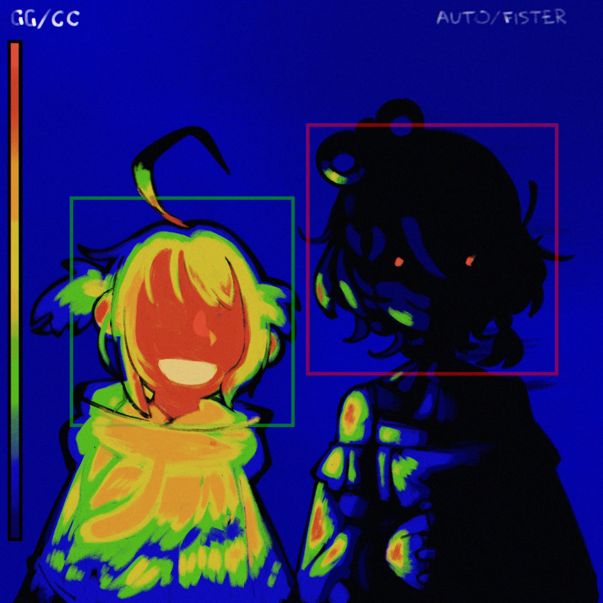 2girls, ahoge, blue_background, cecilia_immergreen, cecilia_immergreen_(1st_costume), commentary, dark, detached_sleeves