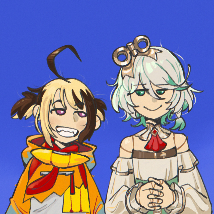 2girls, ahoge, blue_background, brown_hair, cecilia_immergreen, cecilia_immergreen_(1st_costume), commentary, detached_sleeves