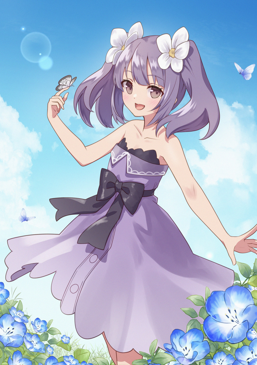 1girl, absurdres, bare_shoulders, black_bow, blue_flower, blue_sky, blush, bow