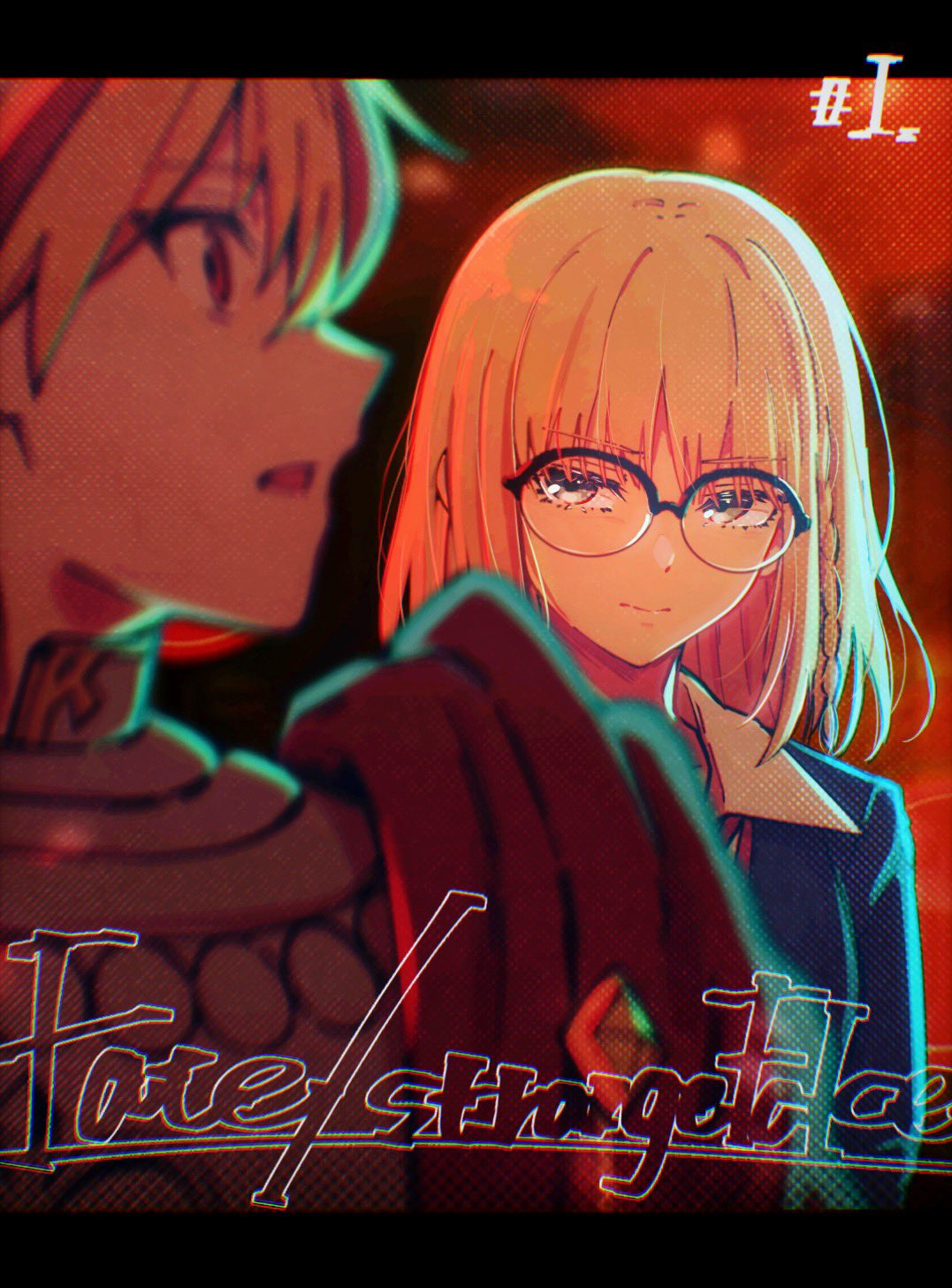 1boy, 1girl, armor, blonde_hair, blue_eyes, blurry, braid, depth_of_field, episode_number, fate/strange_fake, fate_(series), glasses, hashtag-only_commentary, highres, red_eyes, richard_i_(fate), sajou_ayaka_(fate/strange_fake), shunrai_224, single_braid, upper_body