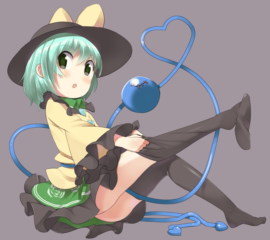 black_legwear, dressing, feet, green_eyes, green_hair, hat, heart, heart_of_string