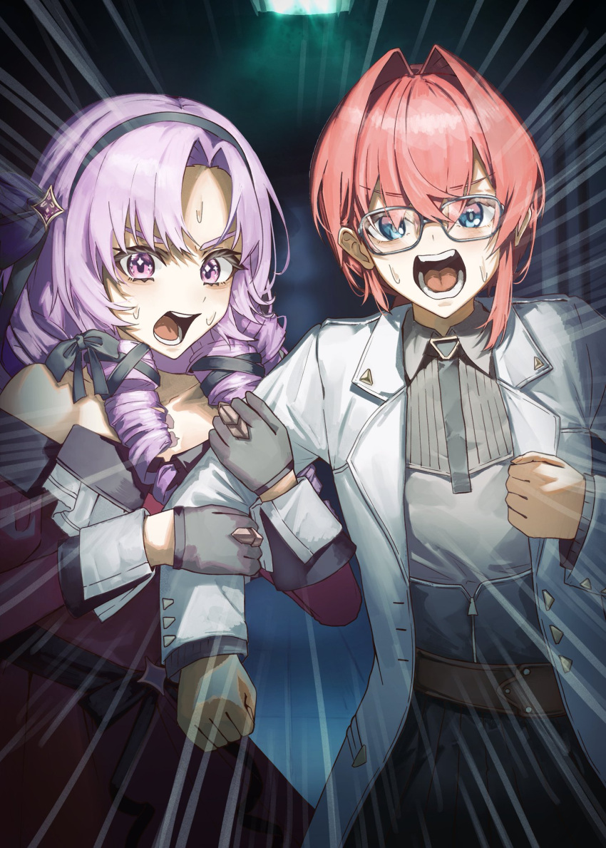 2girls, ange_katrina, ange_katrina_(lab_coat), belt, black_hairband, black_skirt, blue_eyes, brown_belt, claw_ring, clenched_hand, coat, collared_shirt, commentary_request, crossed_bangs, curtained_hair, dark_background, doidamon, dress, drill_hair, drill_sidelocks, emphasis_lines, gloves, grey_gloves, grey_necktie, grey_shirt, hair_intakes, hairband, hand_up, hands_up, high-waist_skirt, highres, holding_another's_arm, hyakumantenbara_salome, hyakumantenbara_salome_(1st_costume), lab_coat, lapels, long_hair, long_sleeves, looking_at_viewer, multicolored_eyes, multiple_girls, necktie, nijisanji, notched_lapels, off-shoulder_dress, off_shoulder, open_clothes, open_coat, open_mouth, purple_dress, purple_hair, red_hair, scared, screaming, shirt, shirt_tucked_in, sidelocks, single_sidelock, skirt, sleeve_cuffs, sparkle_hair_ornament, sparkling_eyes, square-end_necktie, sweat, teeth, two-tone_eyes, v-shaped_eyebrows, violet_eyes, virtual_youtuber, white_coat