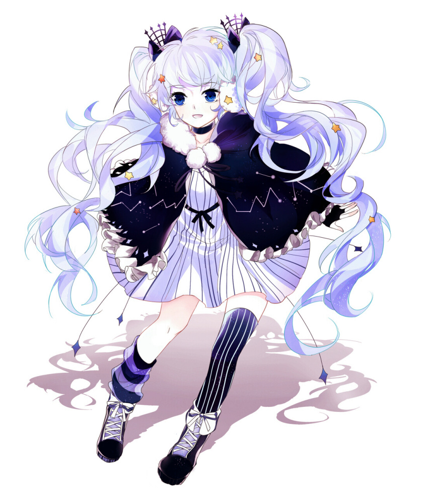 1girl, asymmetrical_legwear, black_boots, black_bow, black_choker, black_cloak, black_leg_warmers, black_thighhighs