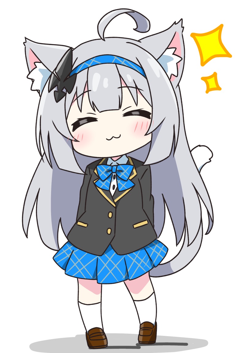 1girl, :3, ahoge, animal_ear_fluff, animal_ears, black_jacket, blue_bow, blue_bowtie