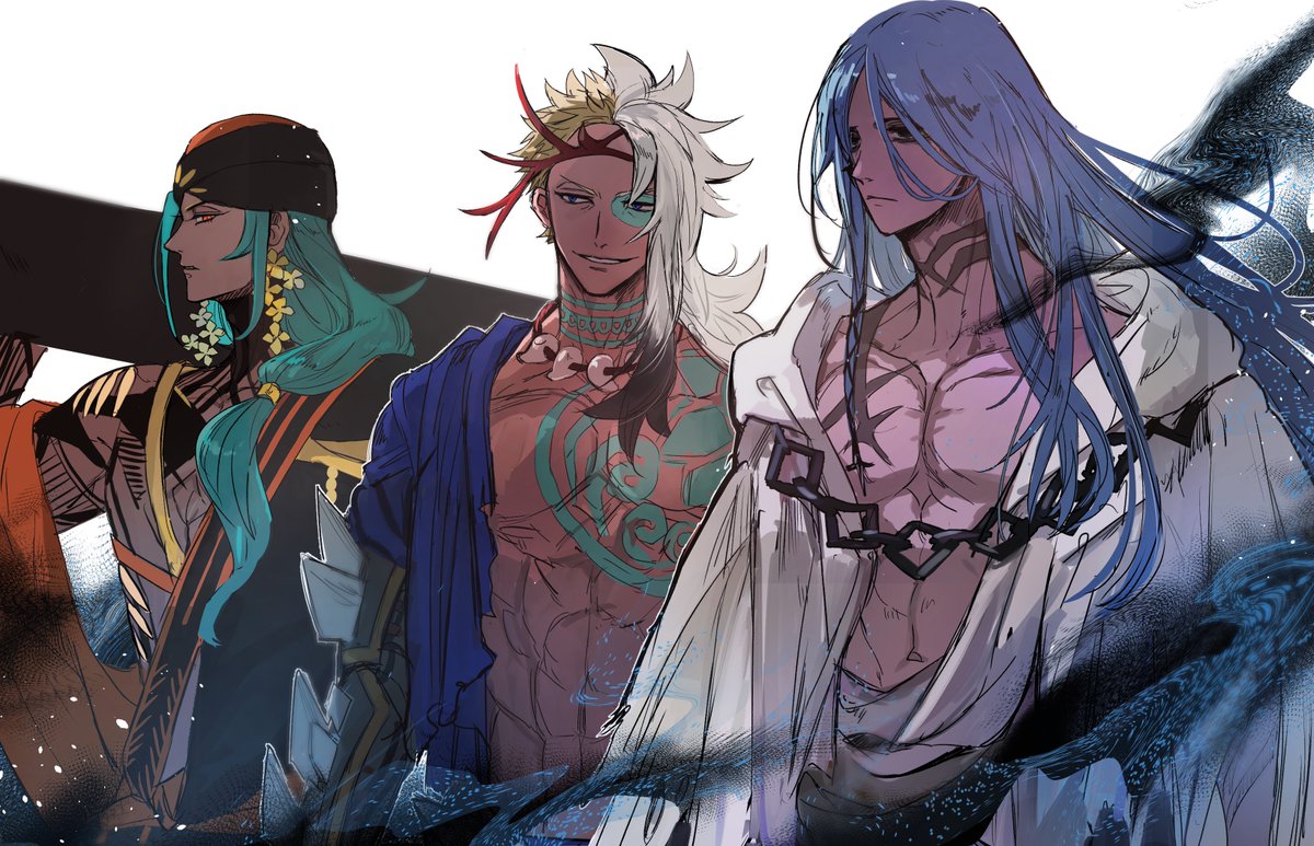 3boys, ashoka_(fate), asymmetrical_hair, azrael_(grand_assassin)_(fate), bags_under_eyes, black_eyes, black_hair, black_turban