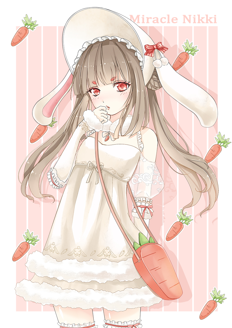 1girl, animal_costume, animal_ear_headwear, animal_ears, bag, bare_shoulders, blunt_bangs, bonnet