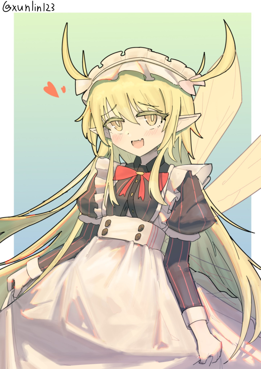 1girl, apron, black_dress, black_souls, bow, commentary_request, cowboy_shot, dress, fairy_wings, green_eyes, green_hair, green_wings, heart, highres, juliet_sleeves, leaf_(black_souls), long_hair, long_sleeves, maid_apron, maid_headdress, open_mouth, pointy_ears, puffy_sleeves, red_bow, sidelocks, smile, solo, very_long_hair, white_apron, wings, xun_lin_(pixiv_93392103)