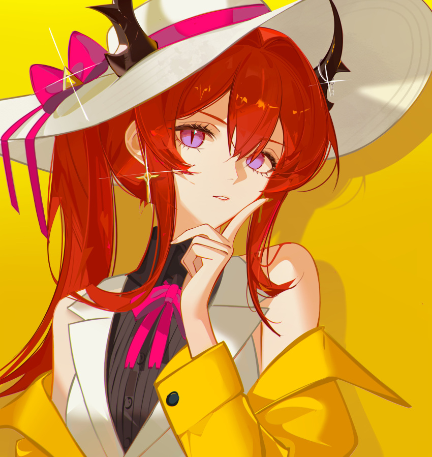 1girl, absurdres, arknights, bare_shoulders, black_shirt, bow, commentary, demon_girl