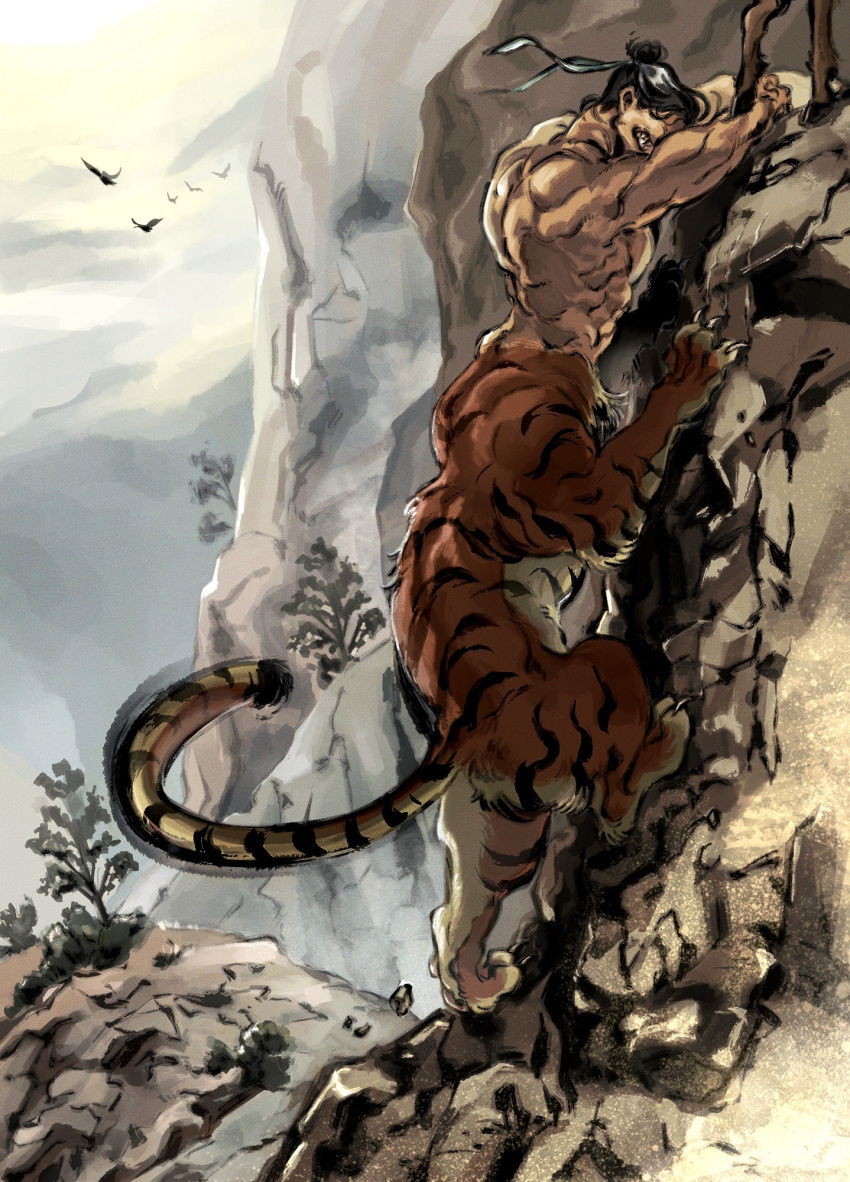 1boy, 4_virgin, black_hair, centauroid, claws, cliff, climbing, commentary_request