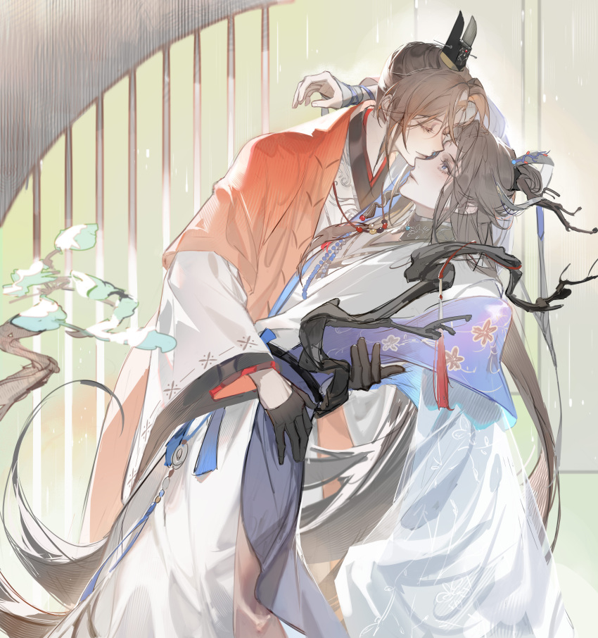 1boy, 1girl, absurdres, arm_around_shoulder, assertive_female, bead_necklace, beads, bijia