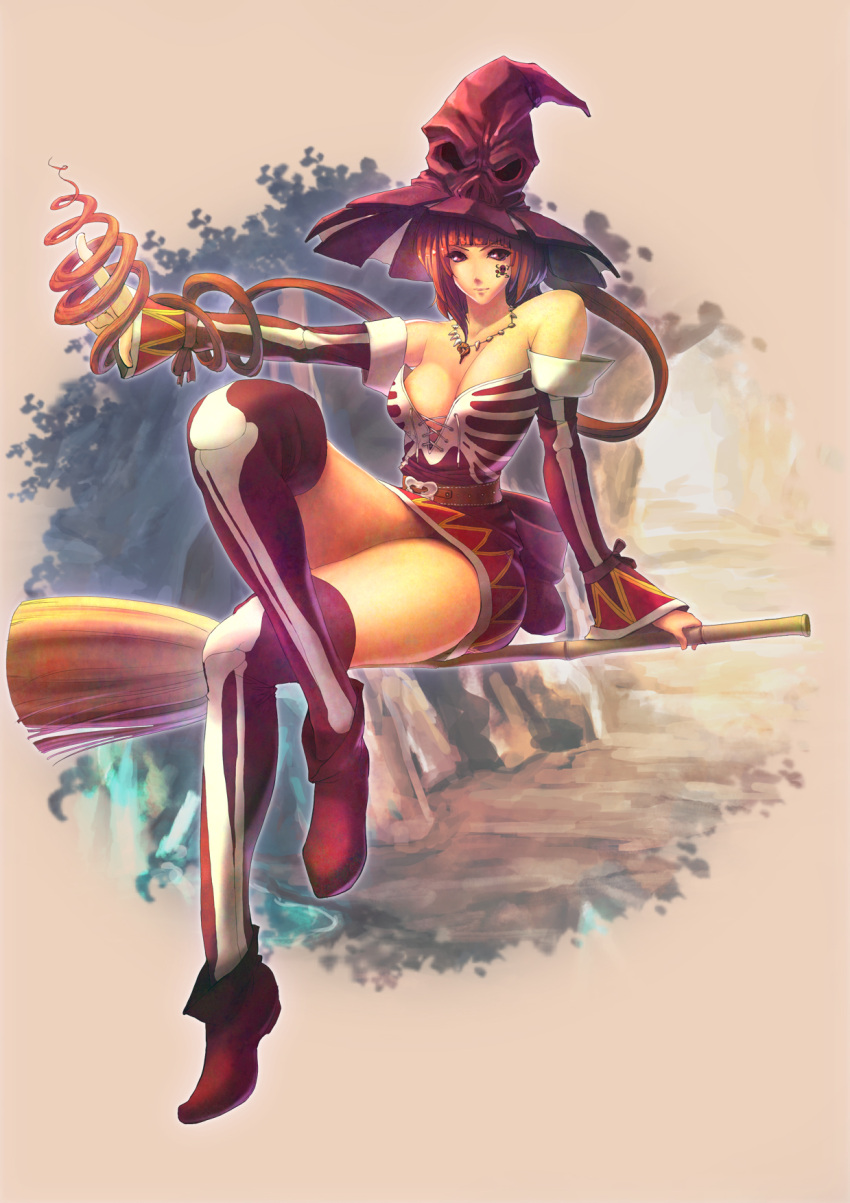 breasts, broom, cleavage, crossed_legs, detached_sleeves, hat, highres, jewelry, legs, legs_crossed, long_hair, long_legs, miraki1016, necklace, original, pink_eyes, red_hair, redhead, sitting, solo, thighhighs, thighs, very_long_hair, witch, witch_hat