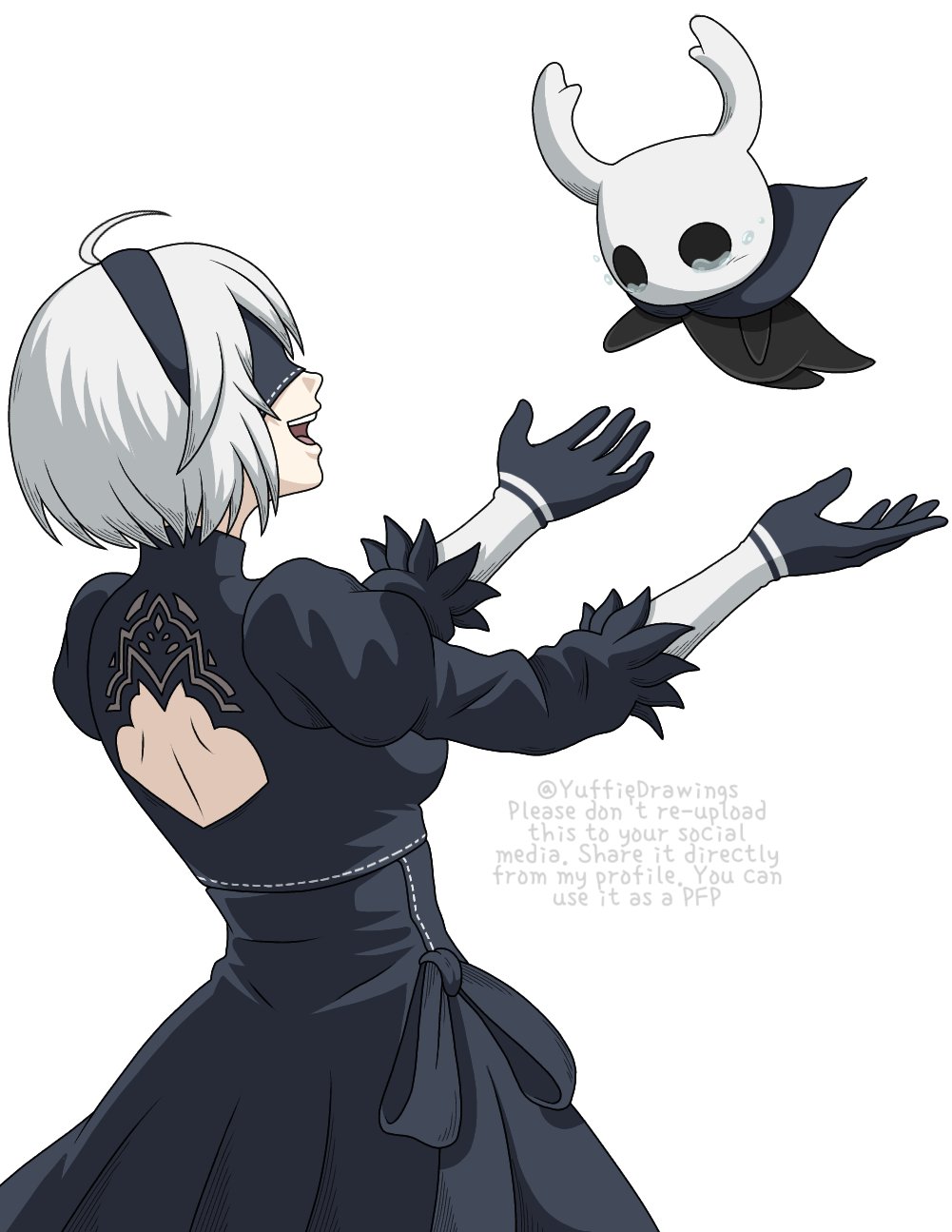 1girl, 1other, 2b_(nier:automata), :d, ahoge, artist_name, back_cutout, black_cape