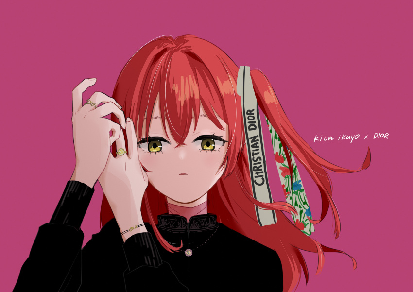 1girl, absurdres, arms_up, black_shirt, bocchi_the_rock!, commentary_request, dior, expressionless