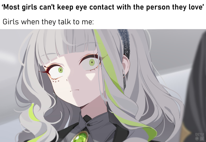 1girl, black_hairband, blunt_bangs, caption, closed_mouth, collared_shirt, commentary_request, deyui, english_text, firenze_(stella_sora), frown, gem, green_eyes, green_gem, green_hair, grey_hair, grey_shirt, hairband, highres, long_hair, multicolored_hair, shirt, solo, stella_sora, streaked_hair, wide-eyed
