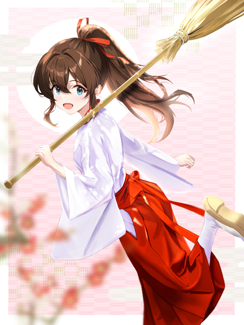 1girl, absurdres, blue_hair, blurry, blurry_foreground, blush, broom, brown_hair