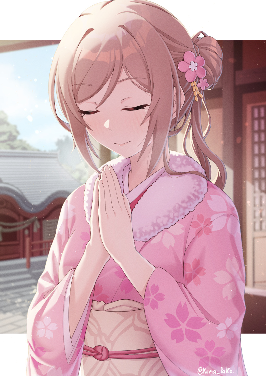 1girl, absurdres, brown_hair, cherry_blossom_print, closed_eyes, commentary, floral_print, flower