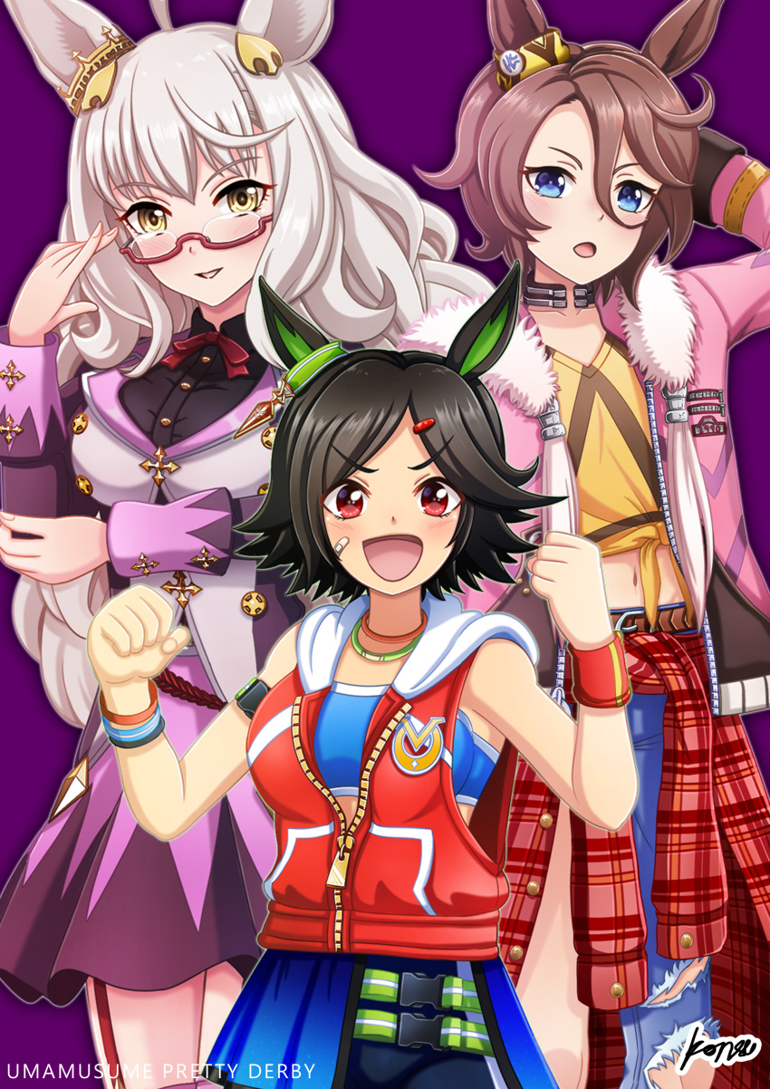 3girls, absurdres, animal_ears, artist_name, asymmetrical_clothes, asymmetrical_footwear, asymmetrical_pants, bandaid