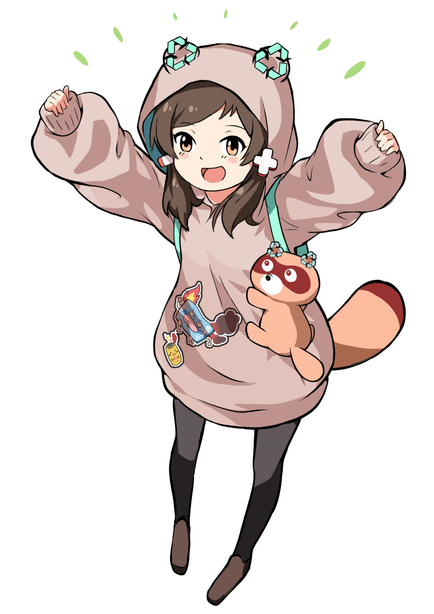 1girl, absurdres, arms_up, black_pantyhose, blush_stickers, brown_eyes, brown_hair, brown_hoodie